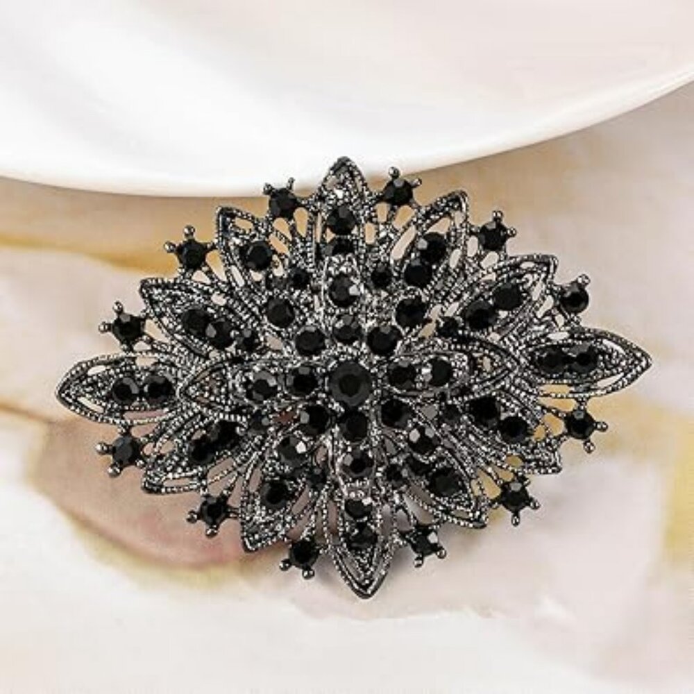 Black Gems Art Deco Brooch Pin Vintage Antique Look‎